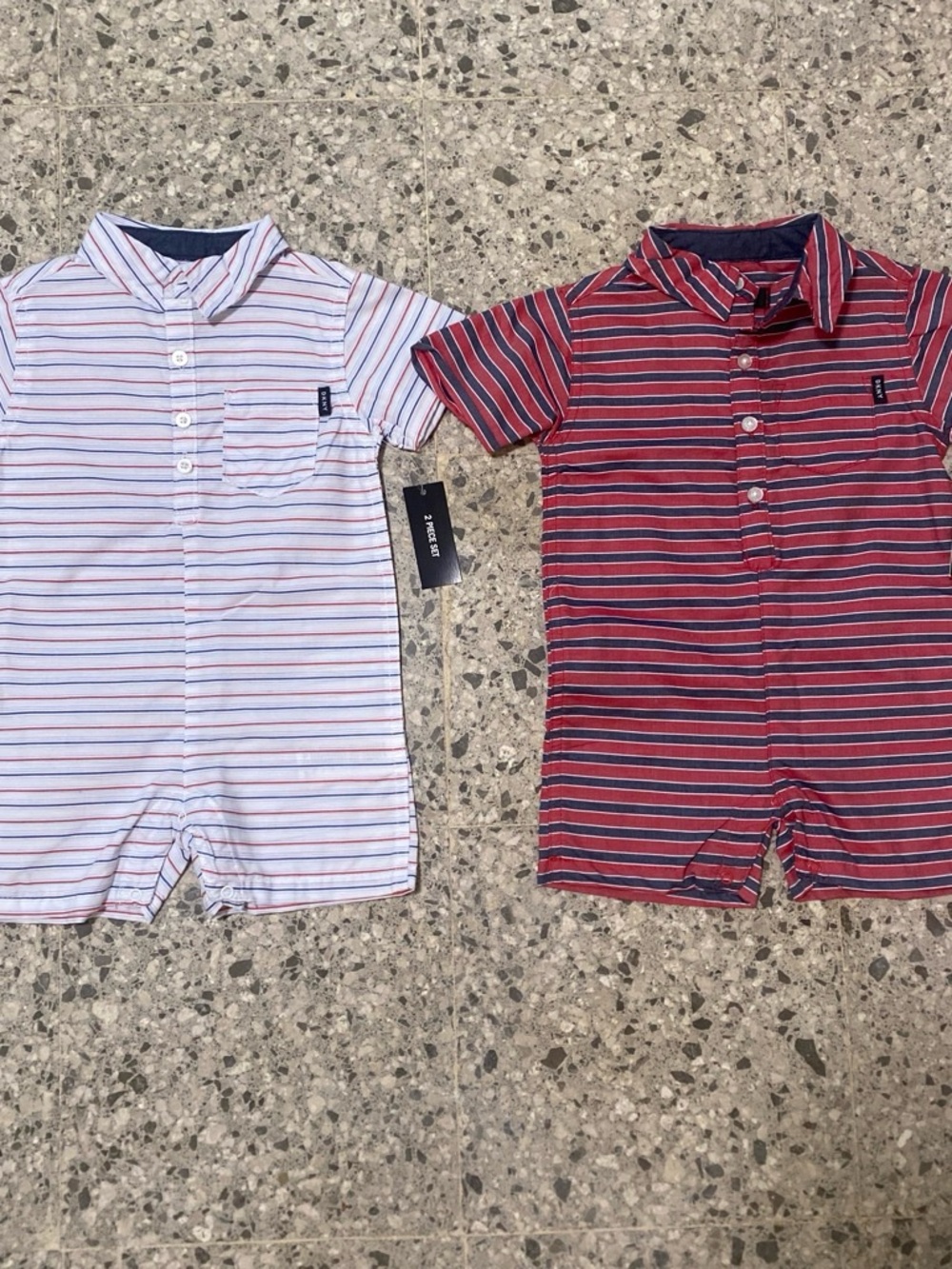 2-Pack Striped Polo DKNY One-Piece Rompers - Red & White